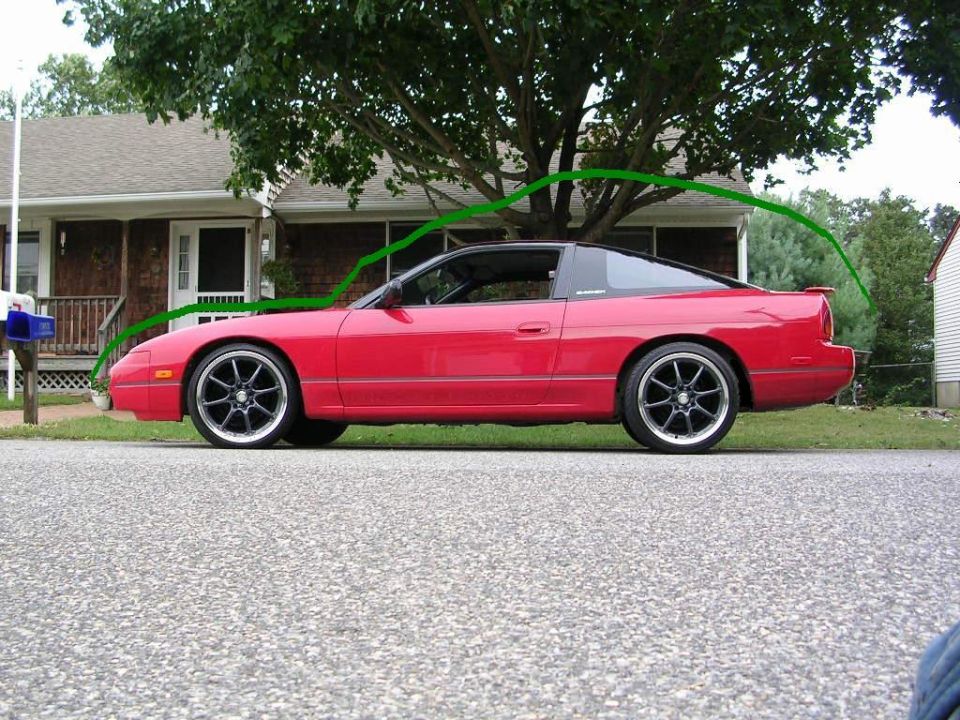 red coupe parked in front of house, green line drawn over roof