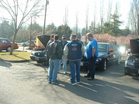 1999 Ford Crown Victoria - Several men are gathered around two dark sedans, one with its hood open, in a parking lot.