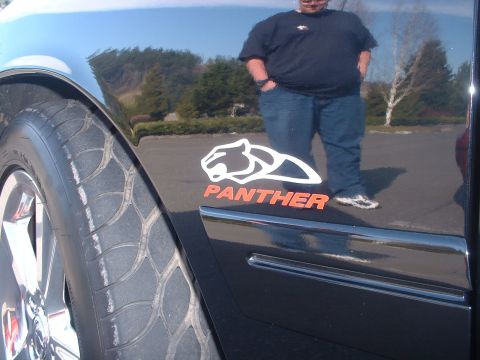 1999 Ford Crown Victoria - Car door with a panther sticker and a tire visible; reflection of a person in the paint.