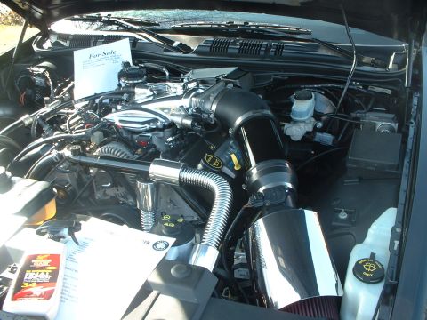 1999 Ford Crown Victoria - The engine bay of a 1999 Ford Crown Victoria is visible, a 'For Sale' sign and an aftermarket air intake system.