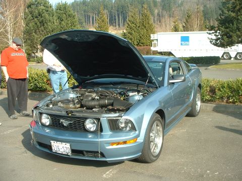 1999 Ford Crown Victoria - A light blue Ford Mustang is parked with its hood open, revealing the engine compartment.