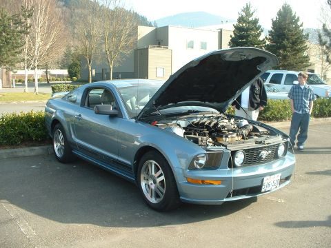 1999 Ford Crown Victoria - A blue 2005 Ford Mustang GT is parked with its hood open, revealing the engine, while two people stand nearby.