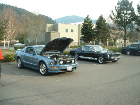 1999 Ford Crown Victoria - Two Ford Mustangs, a modern blue one with its hood up and a classic black one, are parked outside.