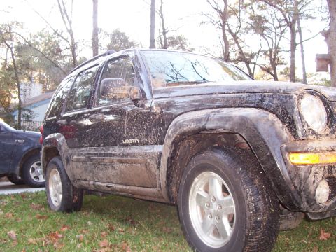 1989 Ford Bronco - Muddy Jeep Liberty and Ford F-150 in a grassy yard with trees.