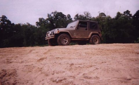 1989 Ford Bronco - A brown Jeep Wrangler is parked on a sandy hill, with a dense line of trees behind it.