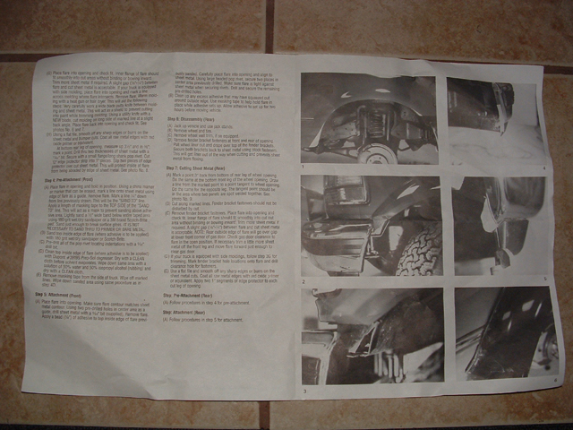 Printed installation instruction sheet with text and photos on tile floor
