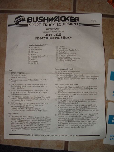 1993 Ford Bronco - Installation instructions for Bushwacker Cut Out Flares for Ford F150, F250, and F350 pickup trucks and Broncos.