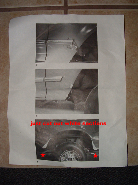 1993 Ford Bronco - Diagram illustrating a section of a vehicle's wheel well, with instructions to cut out white areas.