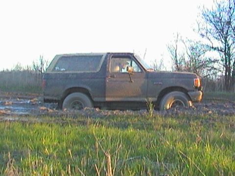1989 Ford Bronco - This 1989 Ford Bronco is stuck deep in the mud, with only its tires and lower body visible.