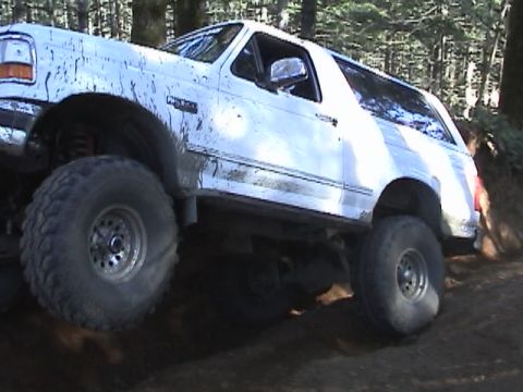 1994 Ford Explorer - White Ford Bronco navigating a wooded trail with large off-road tires.
