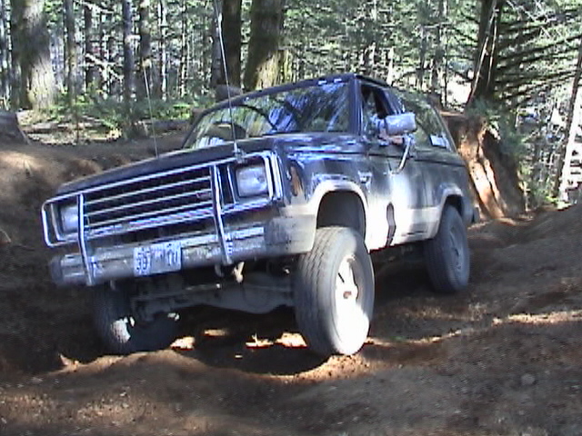 Dark SUV with a chrome grille and brush guard on a wooded trail. License plate reads 337 TDU