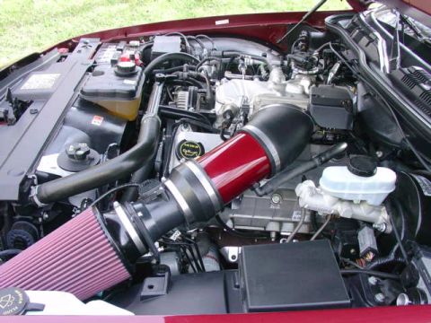 1998 Ford Crown Victoria - Detailed engine bay showing a red cold-air intake tube and conical filter mounted on a V8 engine.