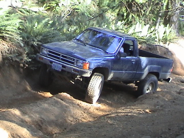 Blue pickup truck navigating a dirt trail with steep inclines and foliage