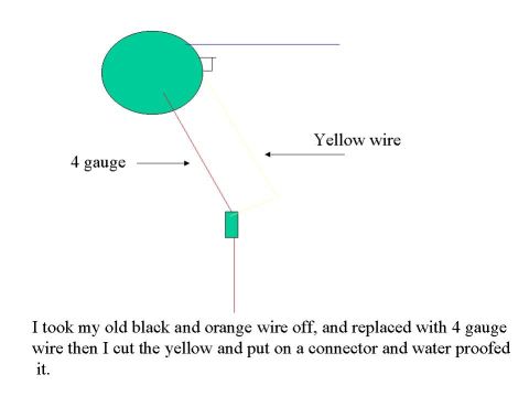 1993 Ford Bronco - Diagram illustrates a wiring modification, replacing old wires with a 4 gauge and a yellow wire.