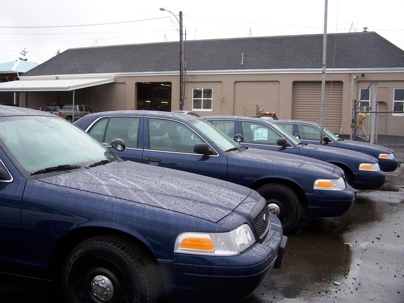 2001 Ford Crown Victoria police sedans parked in a row on a wet day