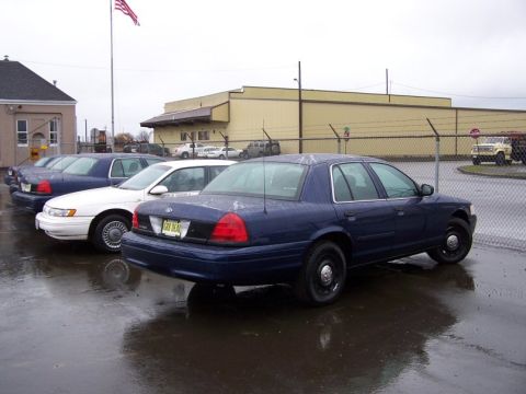 2001 Ford Crown Victoria - Several police cars, including a 2001 Ford Crown Victoria, are parked in a lot on a cloudy day.