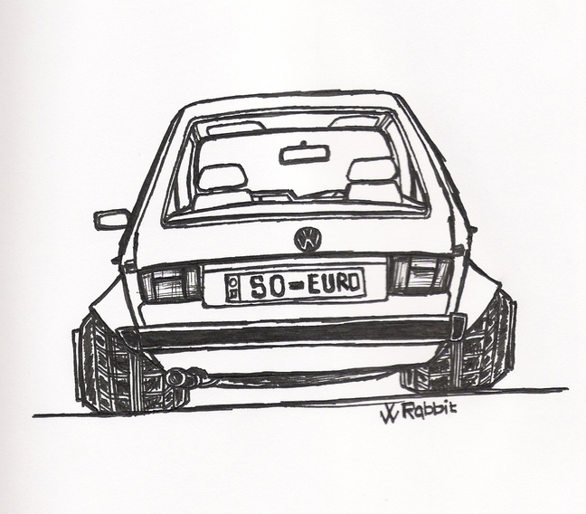 Drawing of a Volkswagen Rabbit's rear with a license plate reading SO-EURO