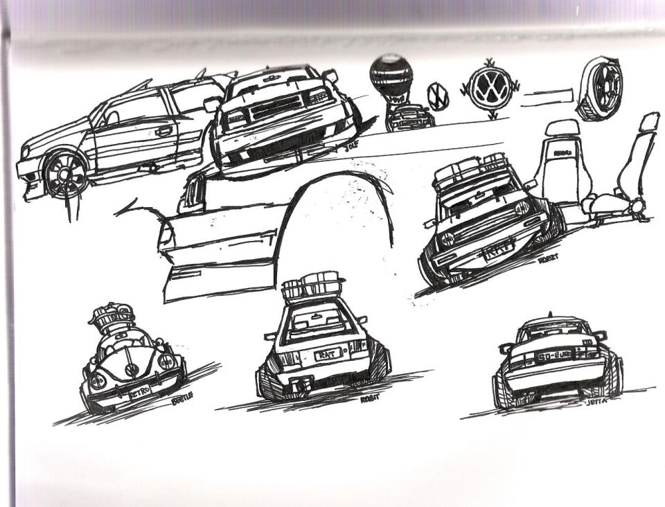 Hand-drawn ink sketches of various Volkswagen cars and a VW logo