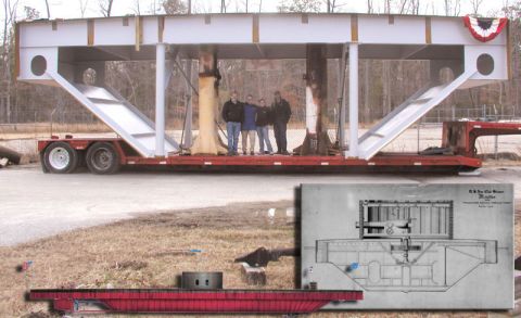 1988 Ford Bronco - A trailer transports a large, complex metal structure, with a blueprint of a similar item shown in the lower right corner.