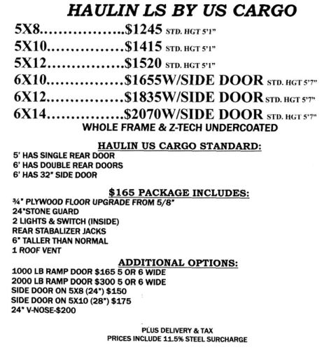 1999 Jeep Grand Cherokee - This document details various trailer configurations, including dimensions, door options, and additional features with their respective pri…