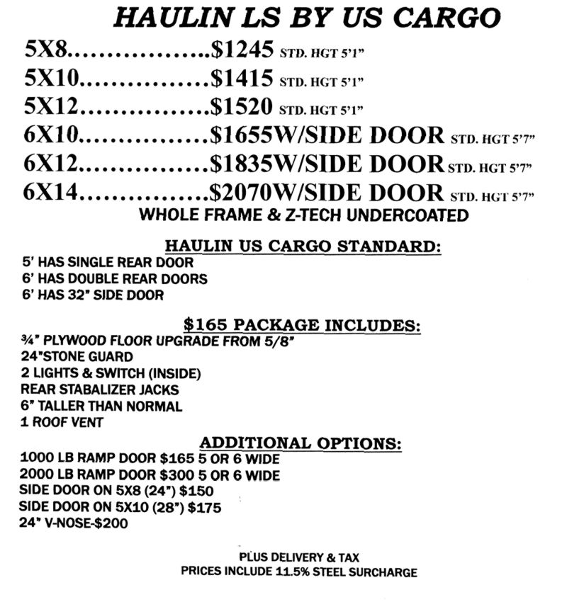 Document listing Haulin LS by US Cargo trailer options and prices
