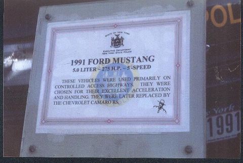 1991 Ford Mustang - This document details a 1991 Ford Mustang, noting its 5.0 liter engine, 275 HP, and 5-speed transmission, used by the New York State Police.