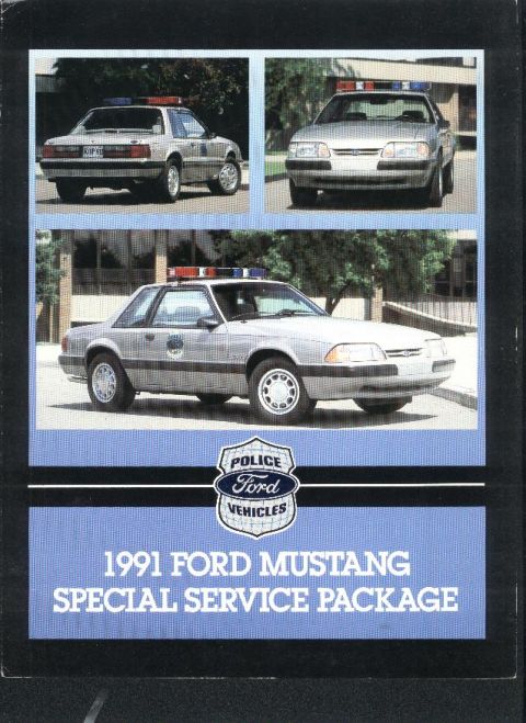 1991 Ford Mustang - Brochure displays a 1991 Ford Mustang Special Service Package police car in multiple views.
