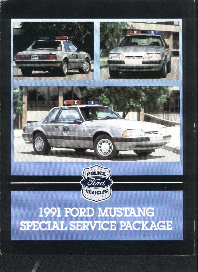 1991 Ford Mustang SSP police car shown in three views: rear, front, and side. Text reads '1991 Ford Mustang Special Service Package'