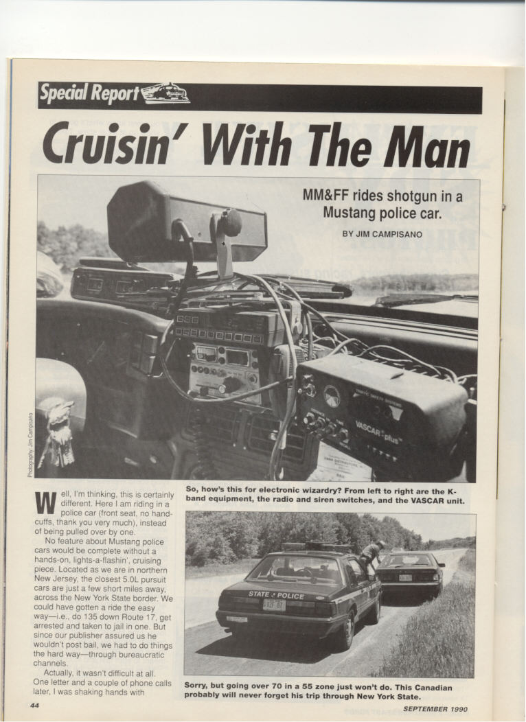 1990 magazine article about a New York State Police Mustang SSP with dash-mounted radar and VASCAR equipment