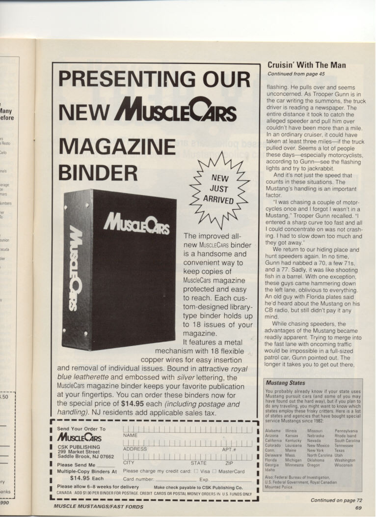 Magazine page: MuscleCars binder ad and Mustang police pursuit article