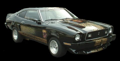 1978 Ford Mustang II - This 1978 Ford Mustang II features custom snake graphics along the body and a prominent hood scoop.