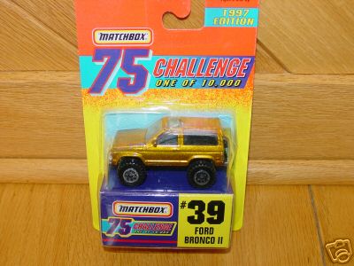 1990 Ford Bronco - gold Matchbox '75 Challenge' Ford Bronco II die-cast, number 39, sealed in its 1997 Edition blister card.