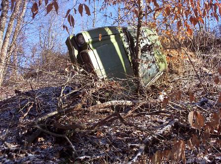1978 Ford Mustang II - A green vehicle lies on its side amidst trees and brush in a wooded area.