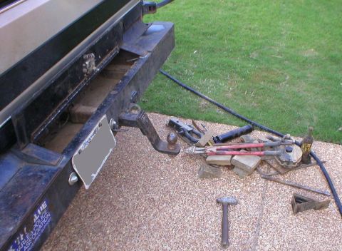1983 Ford Bronco - This is what I usually store in the rear bumper: shackle draw bar 4" drop draw bar with 2" ball bottle jack bolt cutters various…