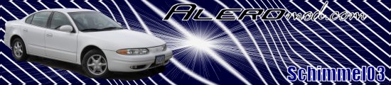 White Oldsmobile Alero sedan on blue signature banner reading ALEROmod.com Schimmel03