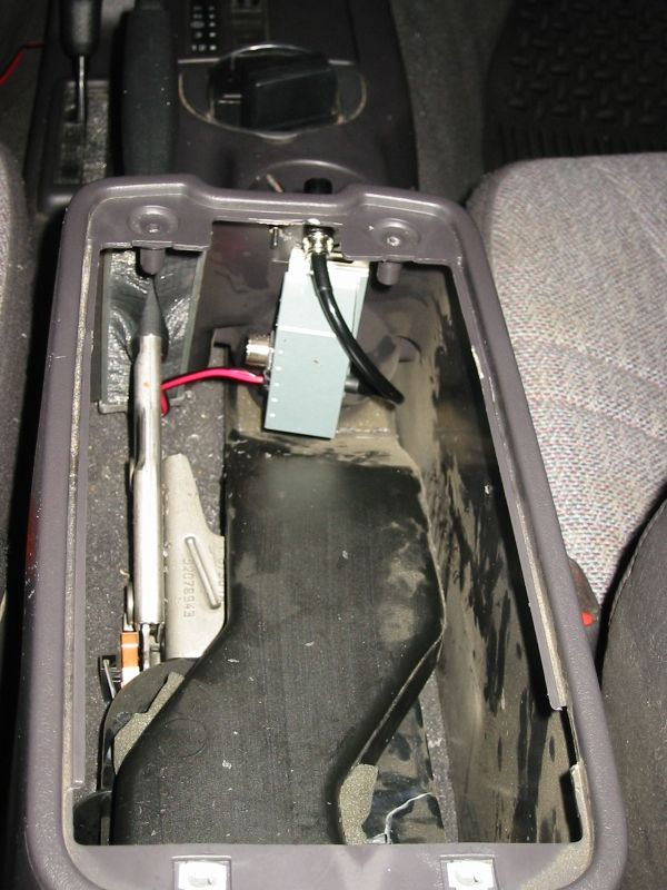 Detail showing mounting location of Cobra 75 WX ST transmitter.  It's a tight fit, but goes in without any trouble.