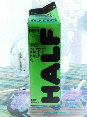 1971 Ford Mustang - A carton of All Star brand half and half is shown on a table with a glass in the background.