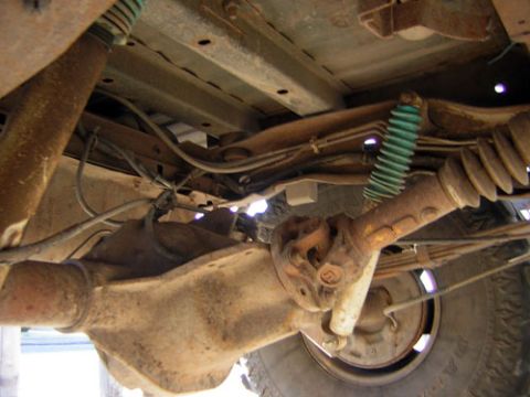 1995 Ford Bronco - Underside view of a 1995 Ford Bronco's rear axle and suspension system.