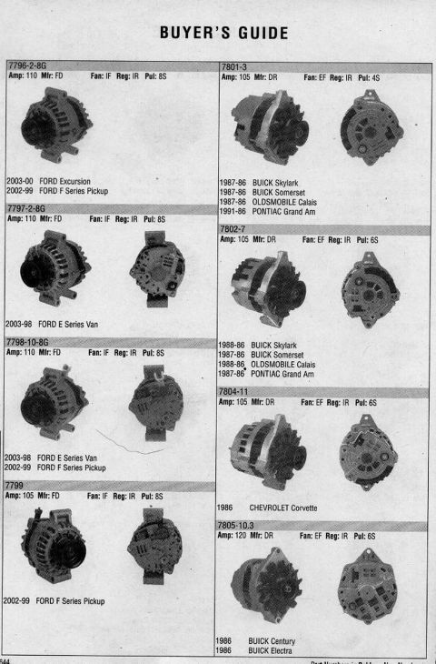 1993 Ford Bronco - Page from a buyer's guide lists automotive alternators with part numbers and compatible vehicle models.