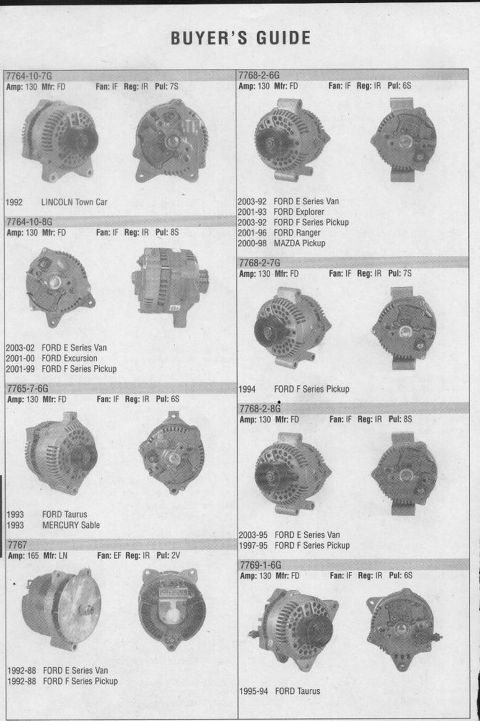 1993 Ford Bronco - This page from a buyer's guide displays multiple alternator parts, detailing their specifications and compatible vehicle models.