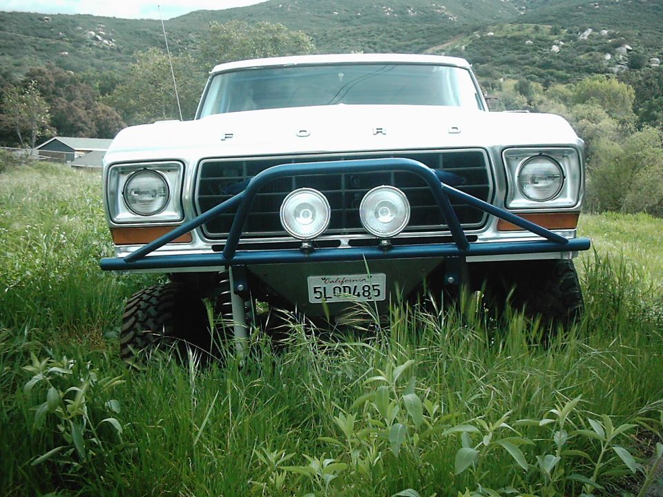 Front view of a white Ford F-Series truck with a blue bull bar and off-road lights, parked in tall grass