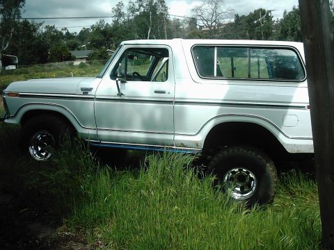 1978 Ford Bronco - A white 1978 Ford Bronco is seen from the side, parked in overgrown grass.