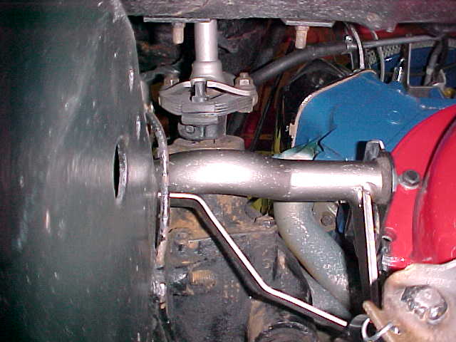 Underside view of a vehicle's front suspension and steering linkage