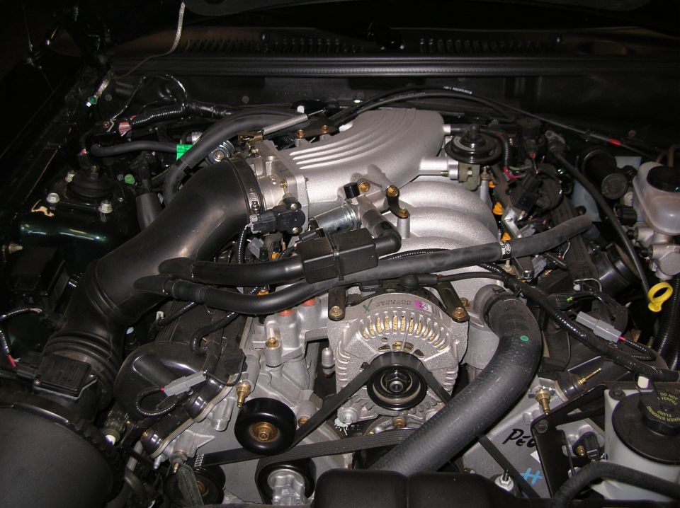 2001 Ford Mustang engine bay with V8 engine, alternator, and intake manifold visible