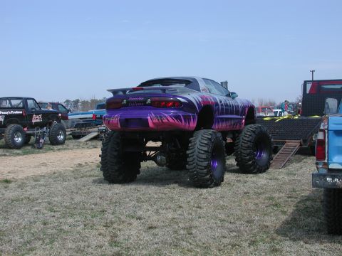 1985 Ford Bronco - Monster truck with custom paint job and oversized tires sits in a field with other vehicles.