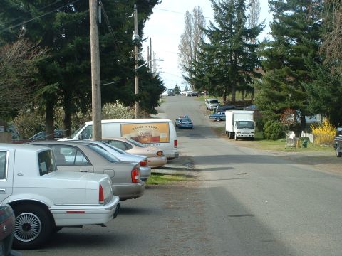 1999 Ford Crown Victoria - A residential street is lined with parked cars and a few commercial vehicles, including a police car.