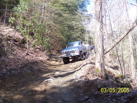 1979 Ford F-150 - A blue 1979 Ford F-150 navigates a challenging off-road trail with trees and foliage surrounding the path.