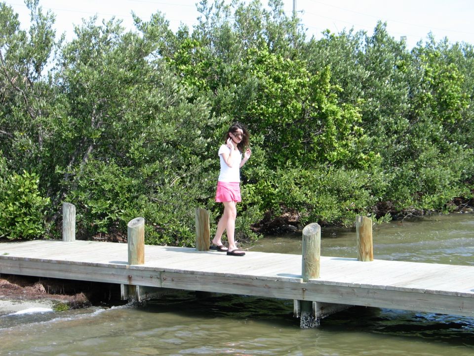 Woman in white shirt and pink skirt on a wooden pier with mangroves behind her