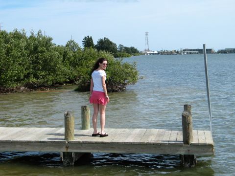 1995 Nissan Frontier - A woman stands on a wooden pier overlooking a body of water with trees and buildings in the distance.