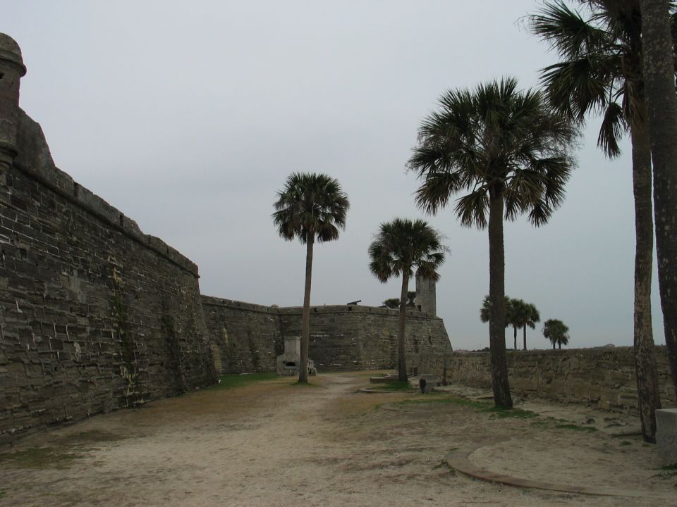 Stone fort and palm trees under an overcast sky